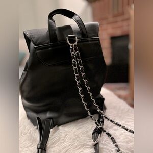 Black Leather Backpack with silver and leather strings